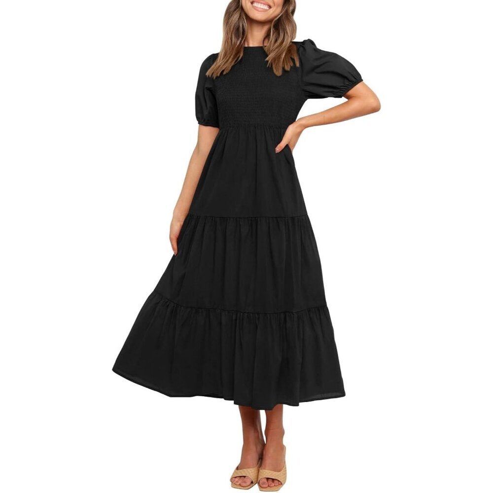 Women's Casual Rayon Midi Dress Smocked High Waist Ruffle Tiered E Dress
